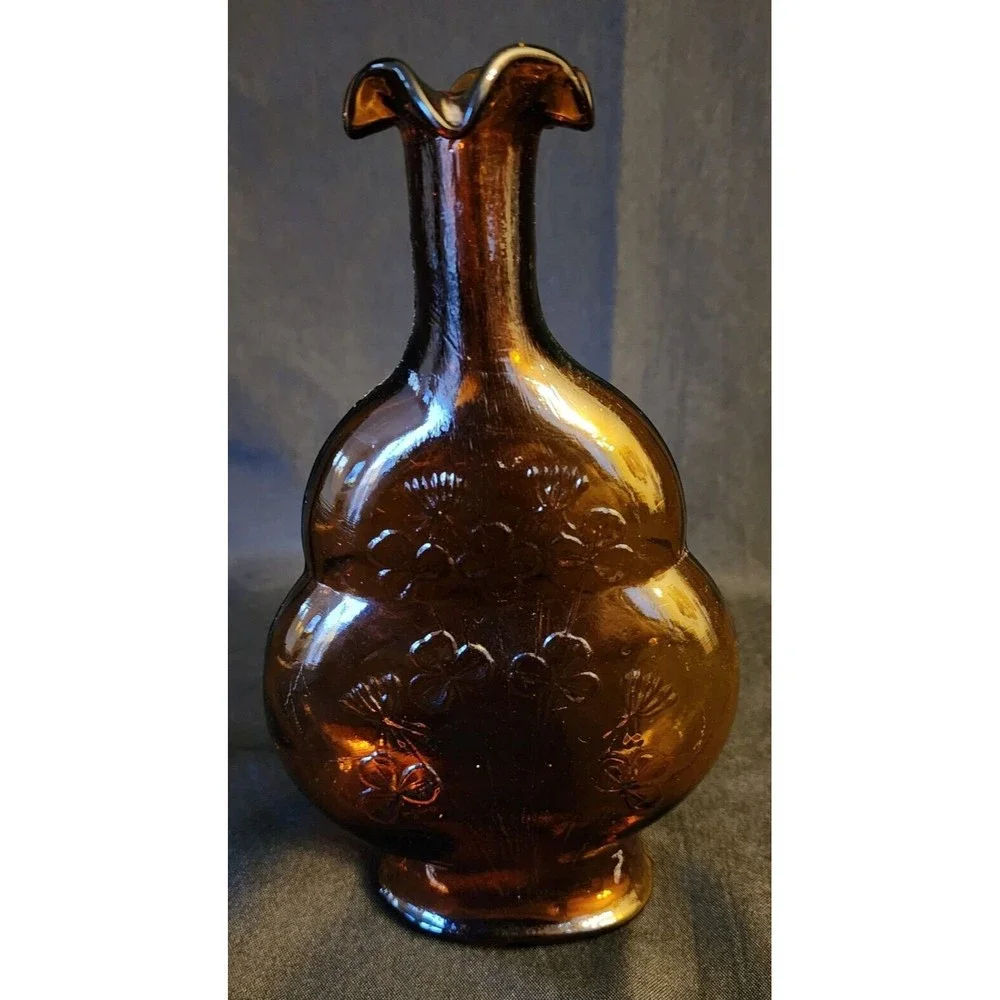 Vintage Amber Glass Bottle Vase Ruffled Mouth with Shamrock Clover Design - Picture 2 of 6